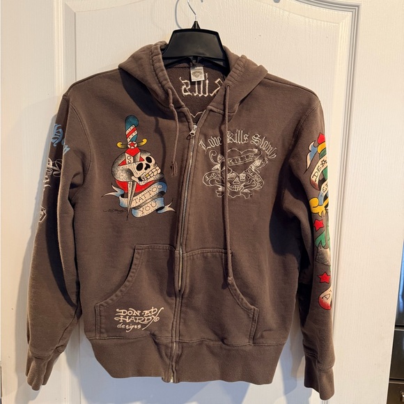 Ed Hardy Vintage brown unisex Graphic skull full Zip Up Hoodie Y2K Size XL